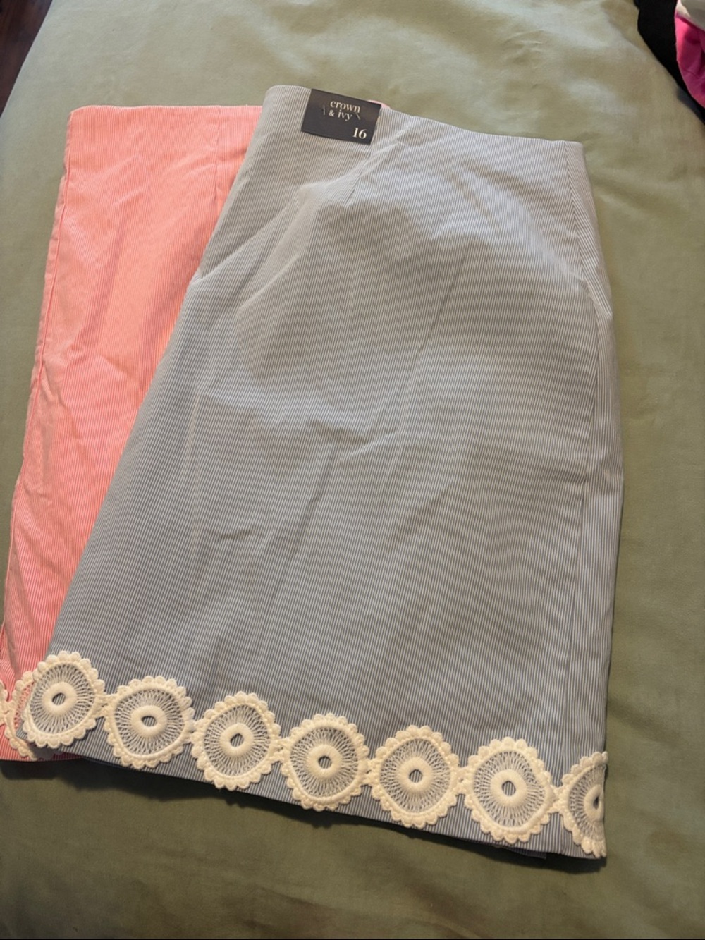 2 crown & ivy Light Blue Pencil Skirt with Cream Lace Trim